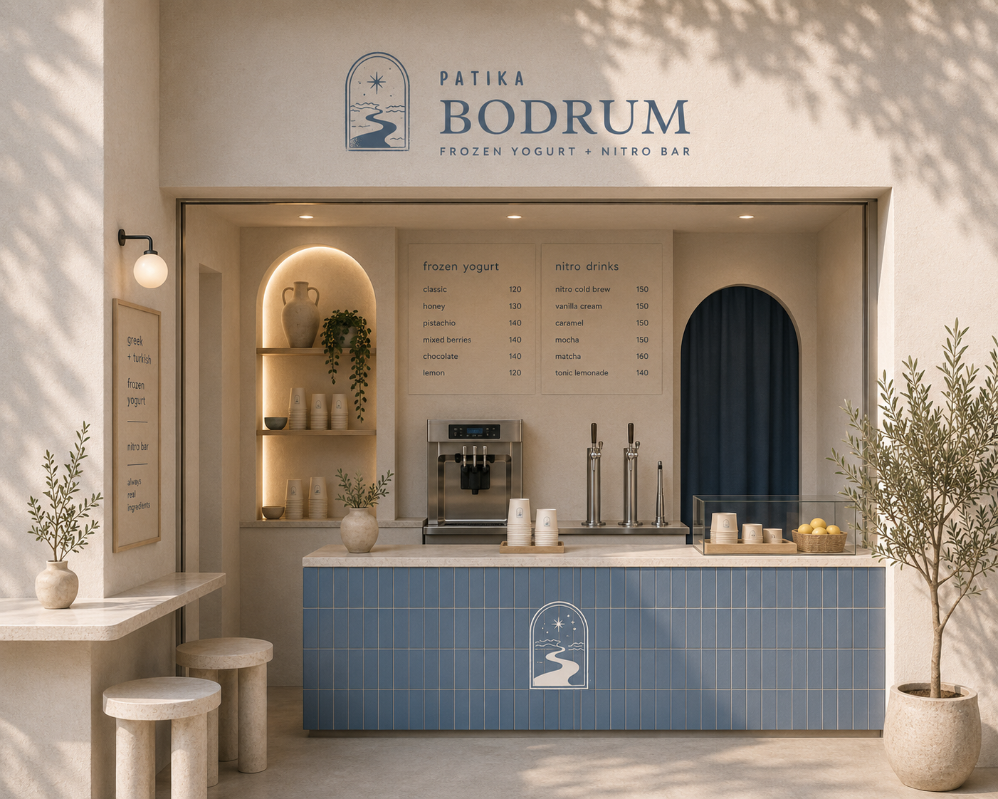 Patika shop with branded paper cups